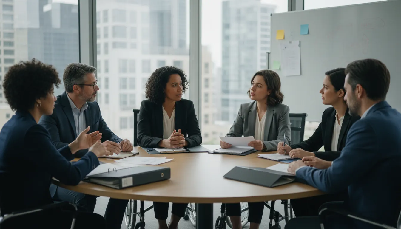 Advocates and policymakers discussing health discrimination reform at meeting