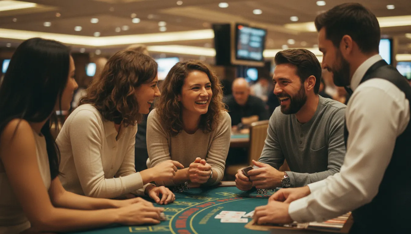 People engaging in friendly conversation at casino gaming tables