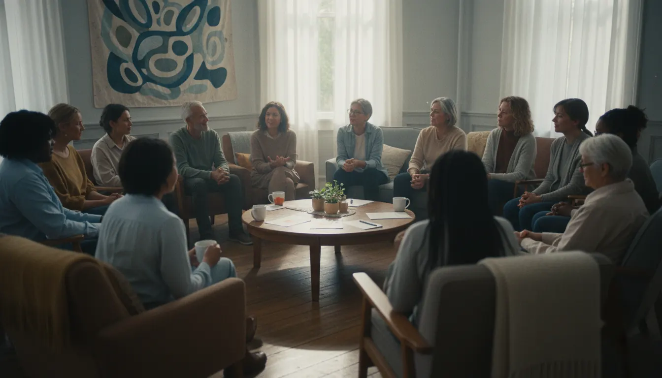 Diverse group of people sharing experiences in supportive community setting