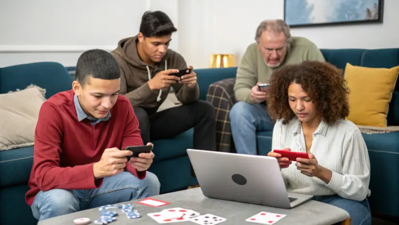 Diverse group of people engaged in online gaming and gambling activities on their devices