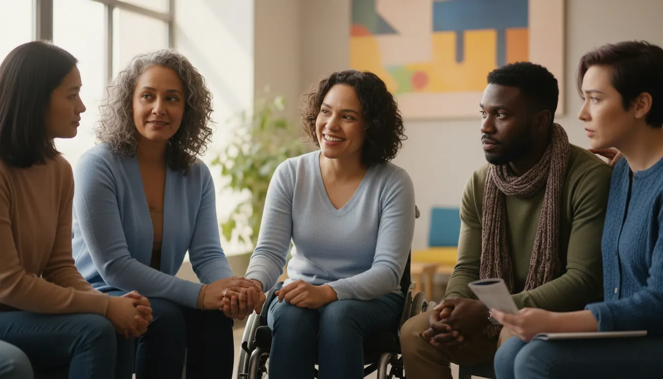 Diverse community members engaging in supportive conversation about health challenges