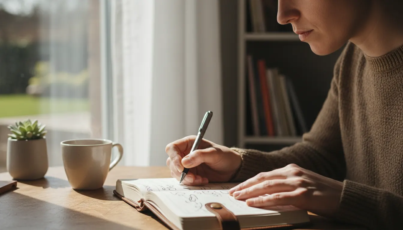 Person writing in journal during self-reflection and compassion practice